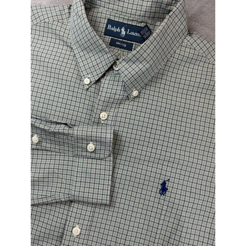 Ralph Lauren Shirt Mens‎ XL Long Sleeve Green Blue Check Plaid 120's 2-ply
